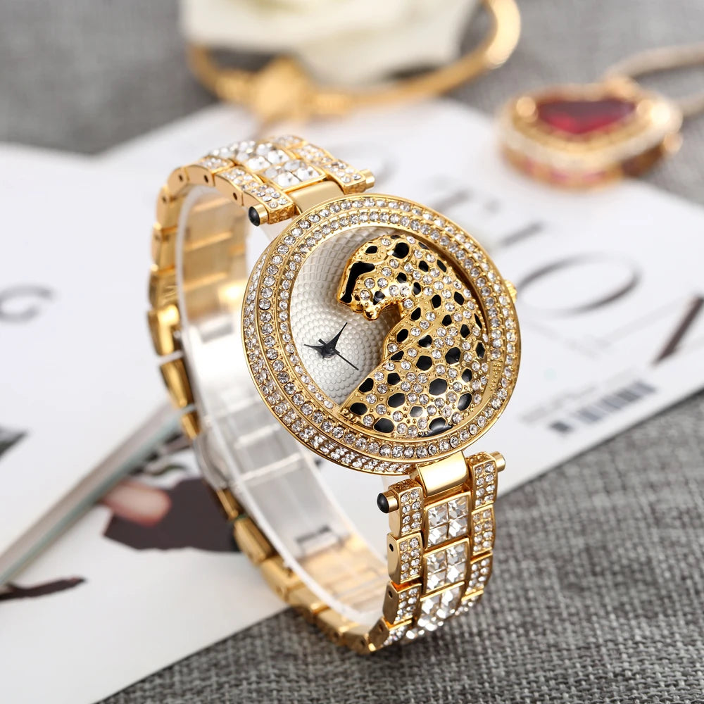 MISSFOX Women Quartz Watch Fashion Bling Casual Ladies Watches Female Quartz Gold Watch Crystal Diamond Leopard For Women Clock