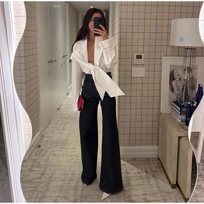 Elegant Bow Detail Pleated Long Sleeve V Neck Blouse for Women