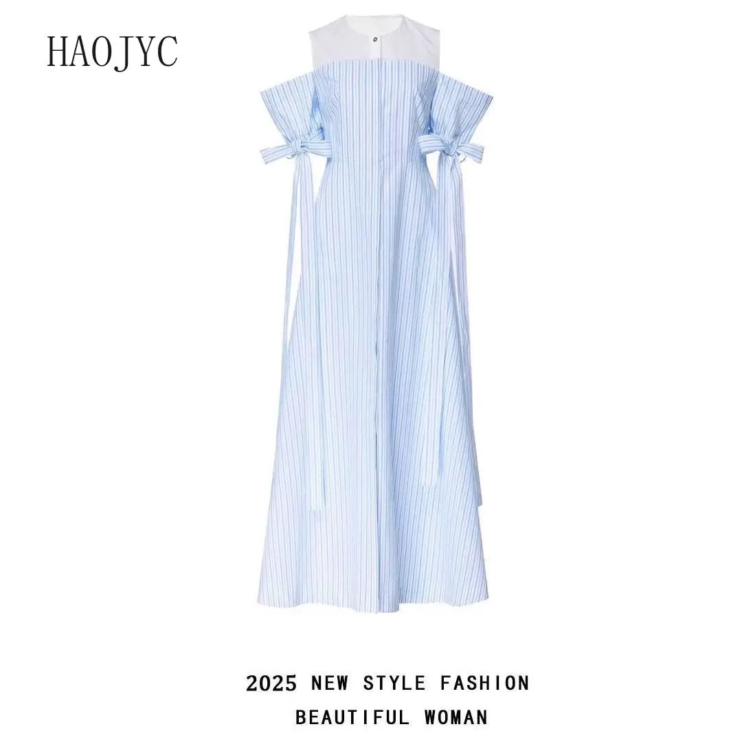 Pinched Waist Striped Split Shoulder Midi Dress for Women