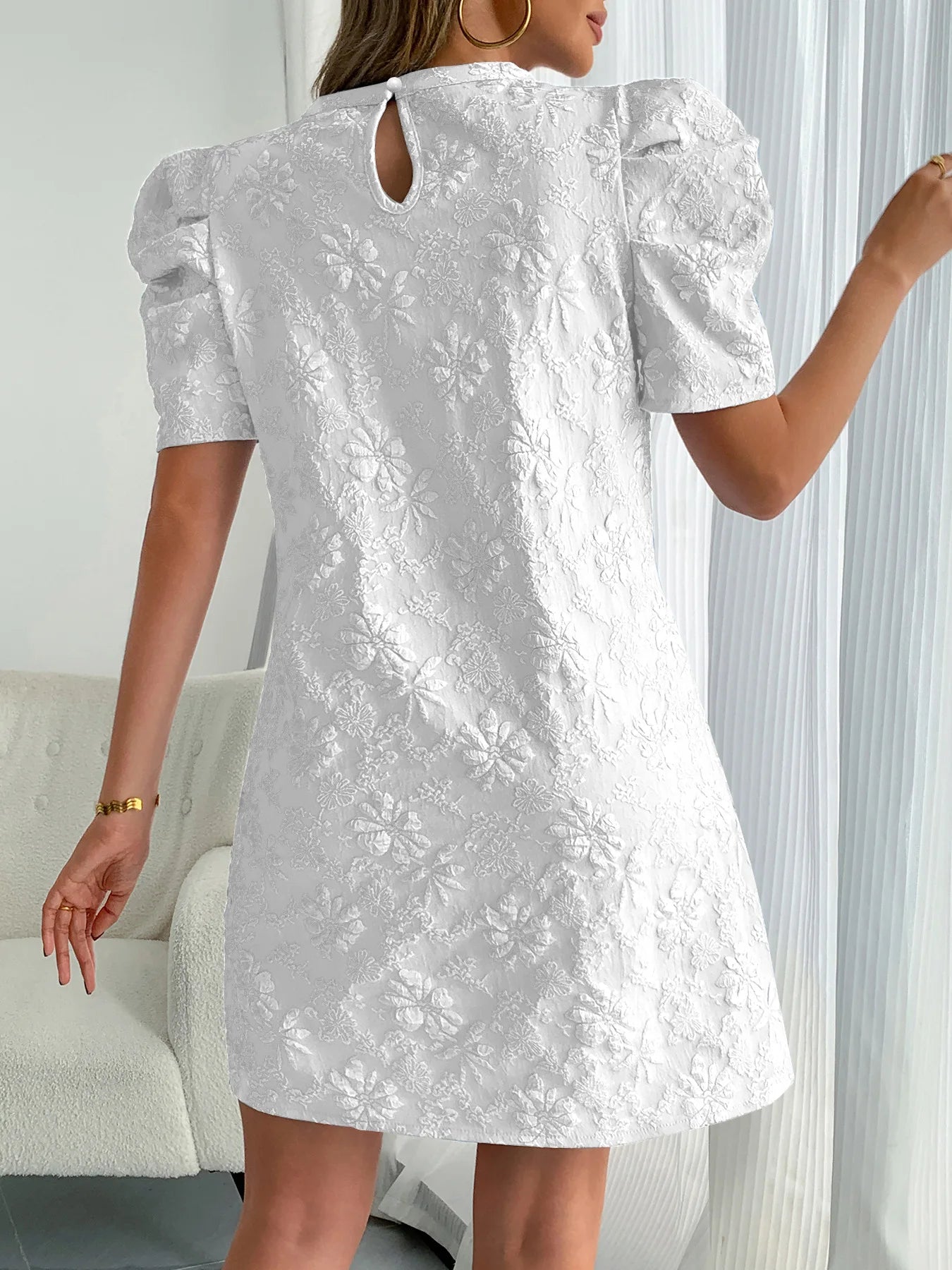 Textured Jacquard Puff Sleeve Midi Dress for Women