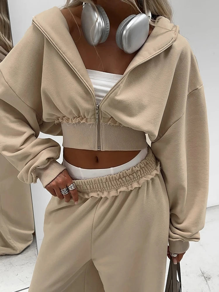 Patchwork Zip Hooded Crop Tracksuit Set