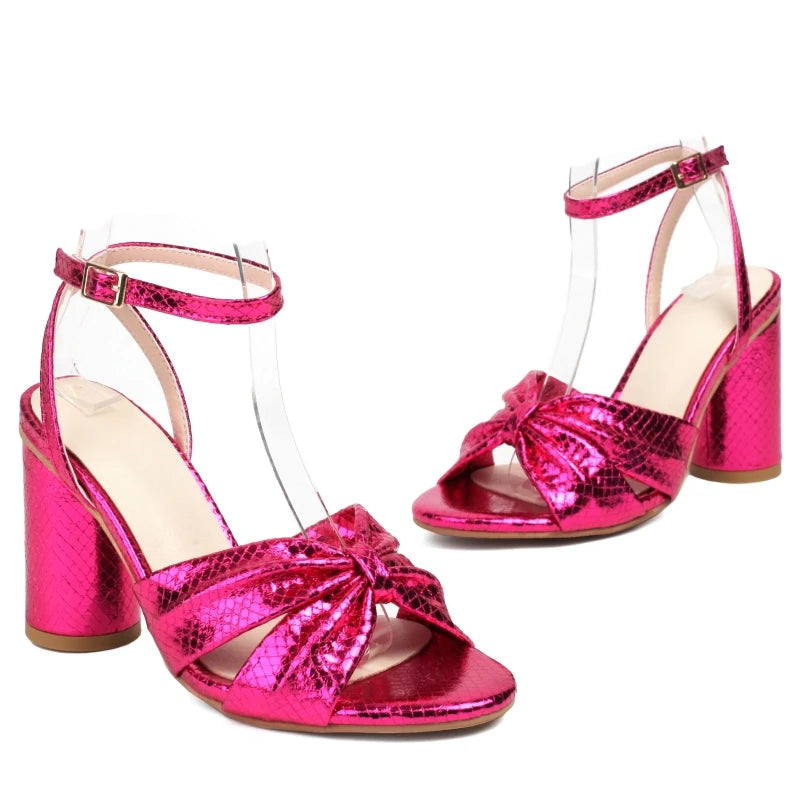 Metallic Block Heel Ankle Strap Sandals