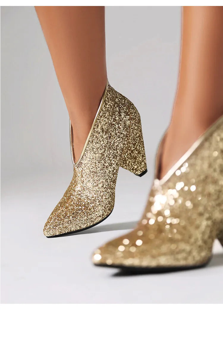 New Blingbling Pointed Toe Women Chunky Spike Heel Sequins Ankle Boots V Open Slip On Spike Heel Pointy Sequined Boots Size 43