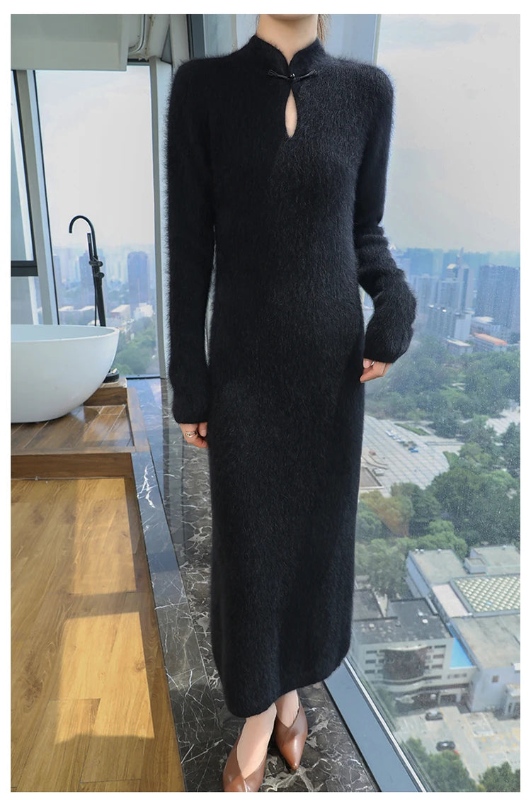Cashmere Knit Dress with Stand Up Collar and Buckle for Women