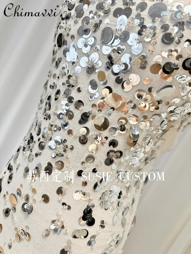 High-End Design Light Luxury Heavy Gradient Beaded Sequin Strap Split Long Dress Women's Birthday Party Elegant Gown Dresses