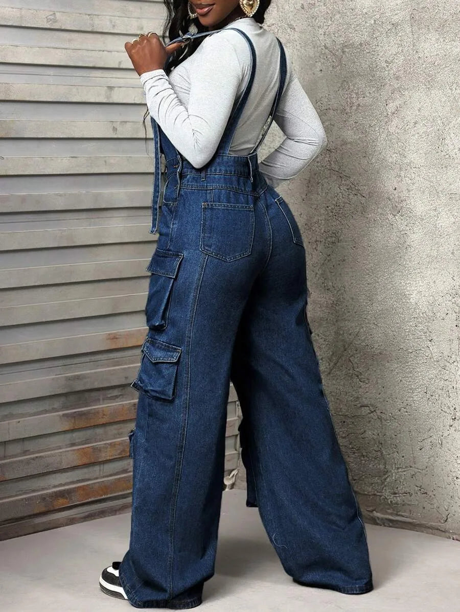 Patchwork Denim Jumpsuit with Spaghetti Straps for Women