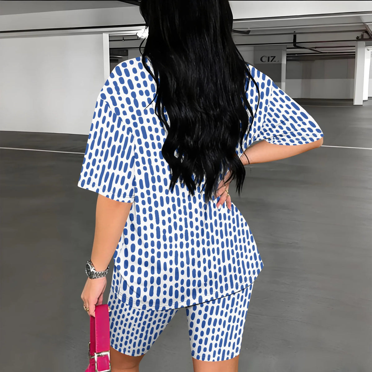 Polka Dot Short Sleeve Top and Biker Shorts Set for Women