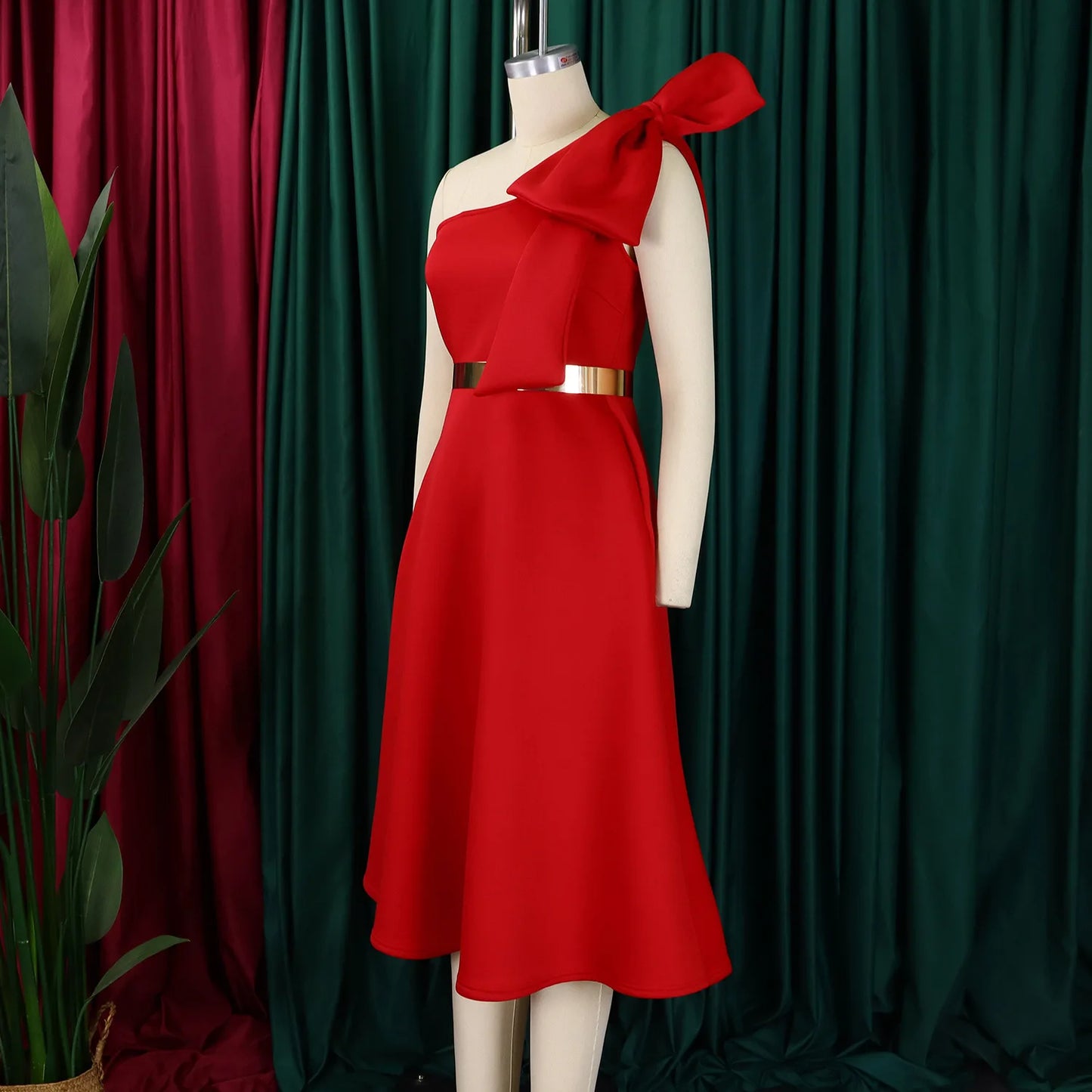 Dress One Shoulder A Line Pleated Knee Length Sleeveless Bow Belt Elegant Party Style