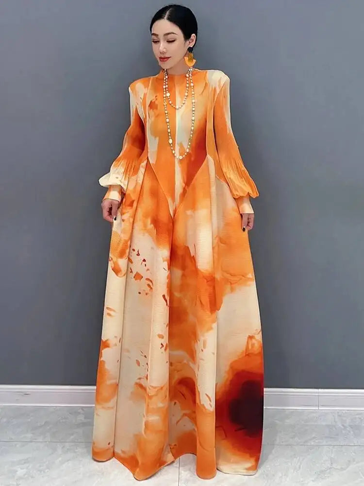 Printed Chiffon Ankle Length Dress With Bubble Sleeves for Women