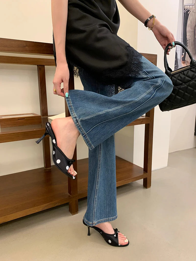 Polka Dot Silk Butterfly Knot Heeled Sandals for Women