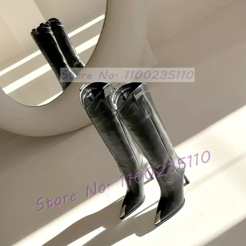Brown Metal Pointed Toe Knee High Boots Women Stylish Thin High Heels Dress Shoes Ladies V-shaped Hollow Upper Cool Tall Boots