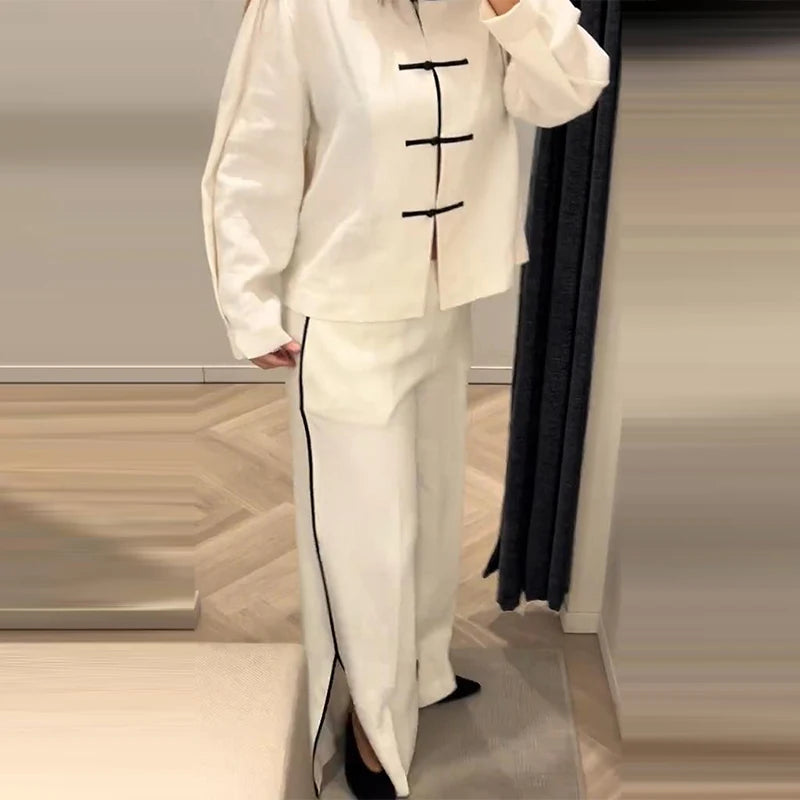 Casual Cotton Coat And Wide Leg Trouser Set for Women