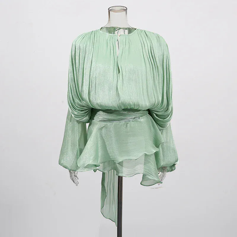 TWOTWINSTYLE Loose Solid Dresses For Women Round Neck Lantern Sleeve High Waist Spliced Fold Mini Chic Dress Female Fashion 2025