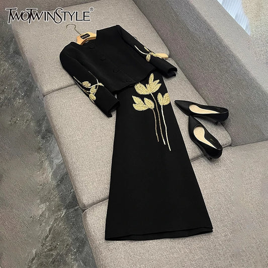 TWOTWINSTYLE Embroidery Two Piece Set For Women O Neck Long Sleeve Spliced Button Top High Waist Skirt Chic Sets FemaleKSE511331