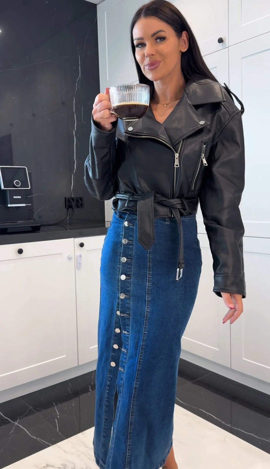High Waist Retro Button Denim Skirt With Slit for Women