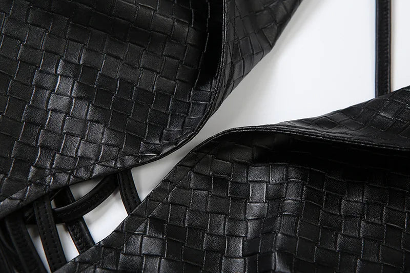 Sleek Black Leather Sleeveless Backless Two Piece Set for Women