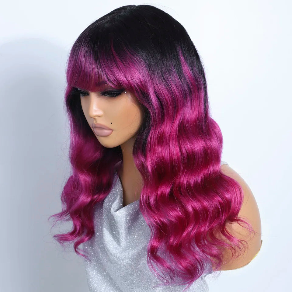 Long Body Wave Human Hair Wig With Bangs for Women