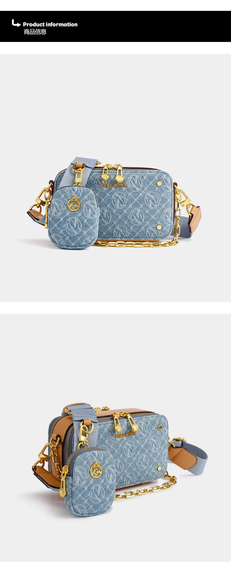 Retro Blue Metal Chain Square Shoulder Bag for Women