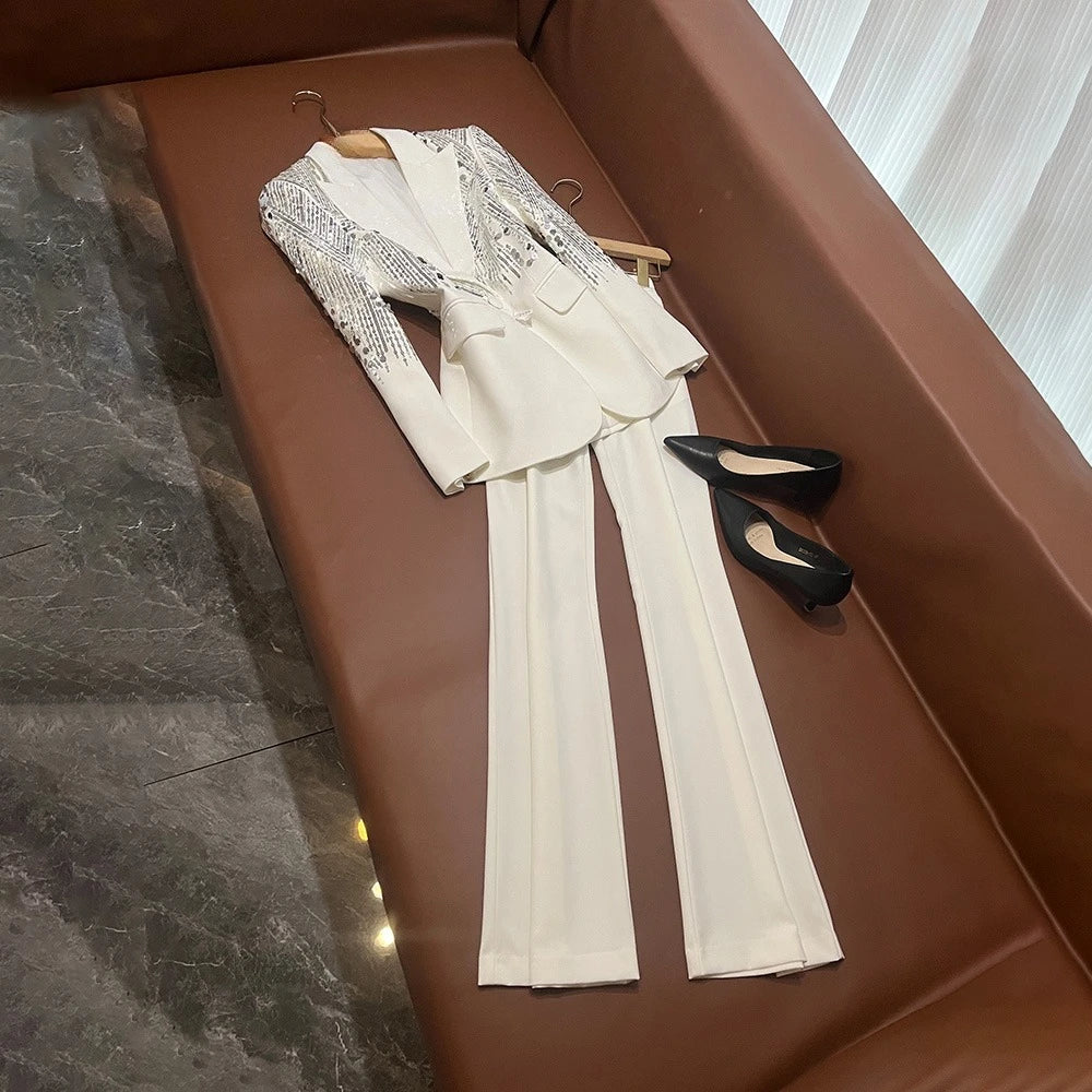 TWOTWINSTYLE Casual Luxury Solid Two Piece Sets For Women Lapel Long Sleeve Top High Waist Pants Elegant Set Female KSE554644