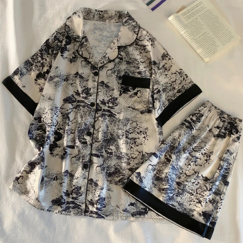 Chinese Elegant Ink and Wash Painting Women's Pajamas Ancient Style Classical Flavor Sleepwear 2024 New Summer Fashion Nightgown