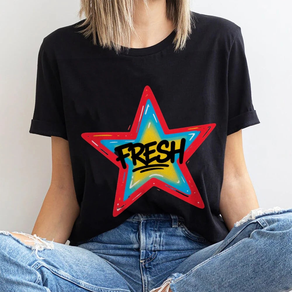 Graffiti Style FRESH Colorful Star Graphic Tee Casual White T-Shirt with Vibrant Gradient Star Design for Trendy Urban Fashion