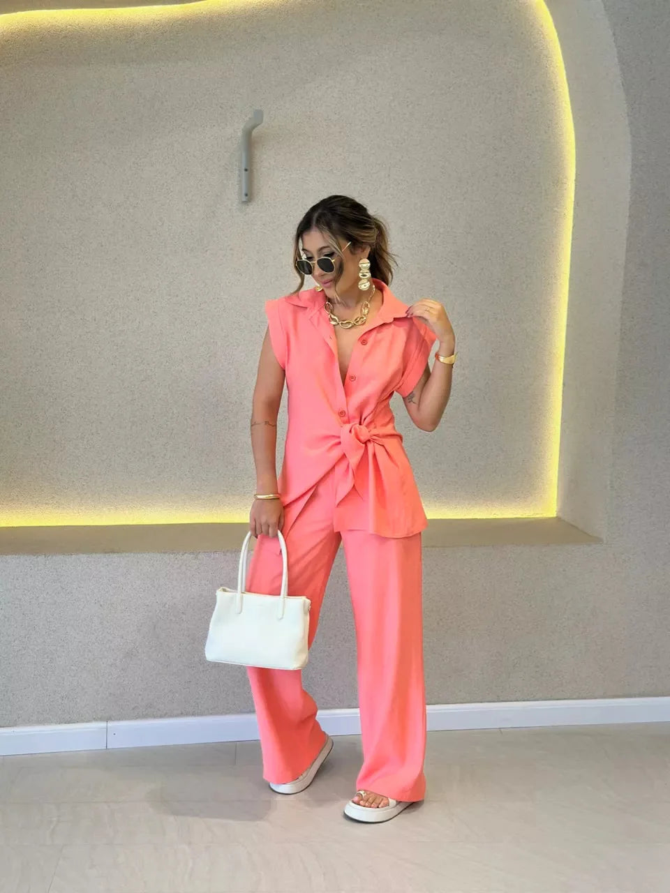 Sleeveless Turn-Down Collar Two-Piece Set for Women