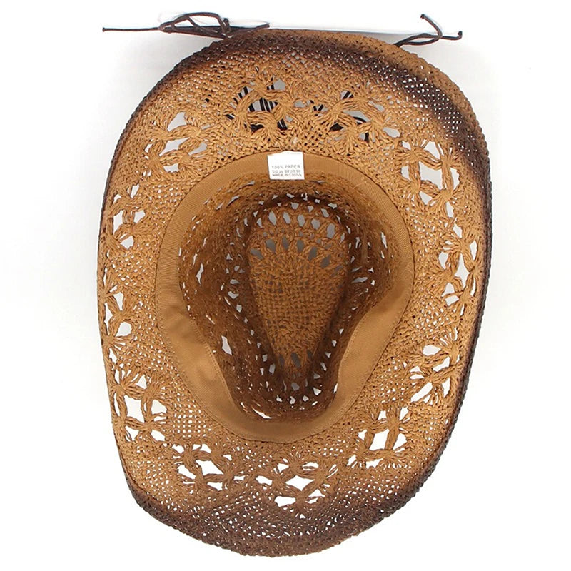 Creative Curled Straw Ethnic Beaded Chain Cowboy Hat for Women