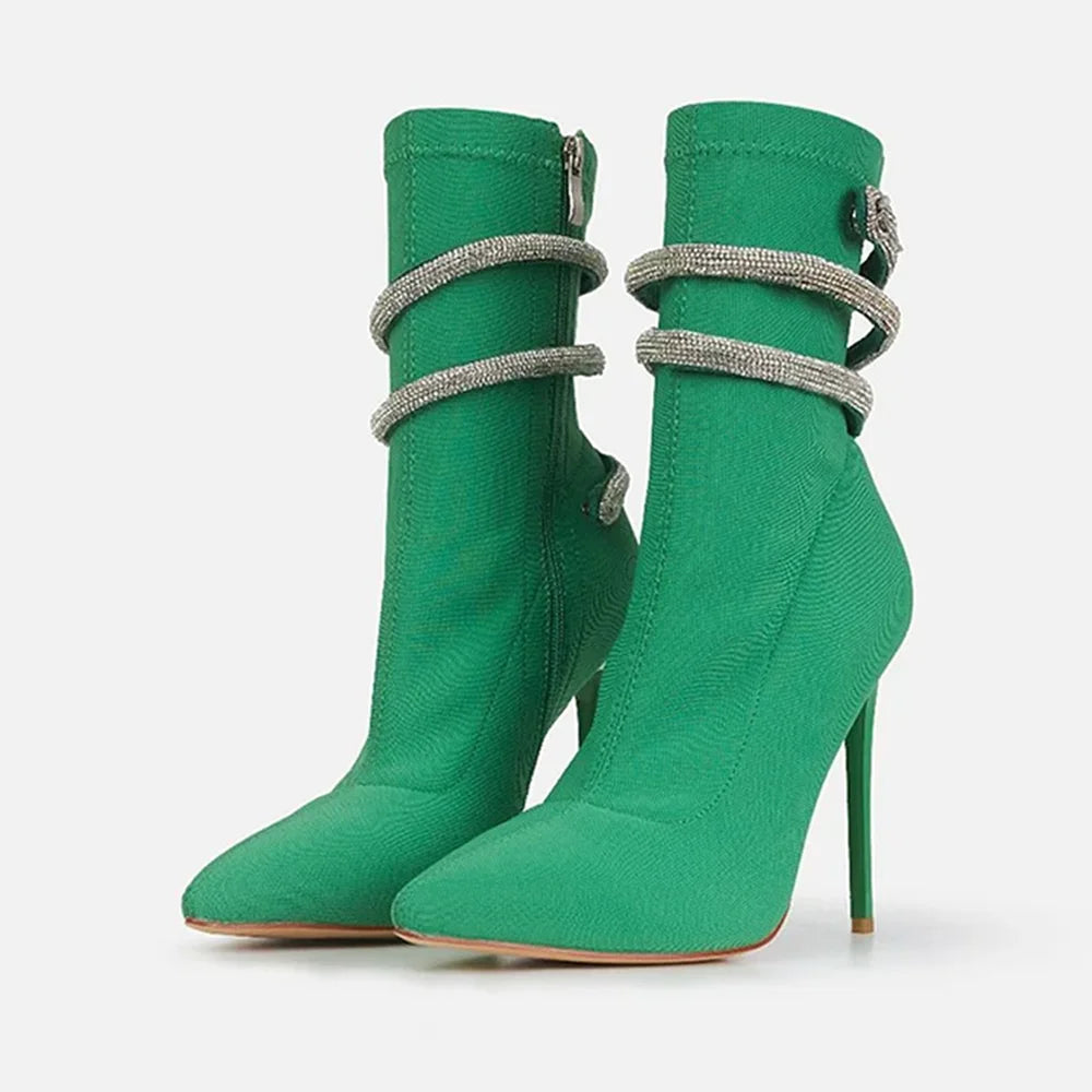 Green Suede Pointed Toe Ankle Boots With Silver Snake Wraps For Women