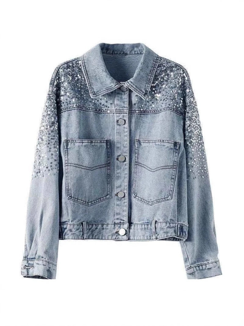 Sequin Embellished Short Denim Jacket for Women with Pockets