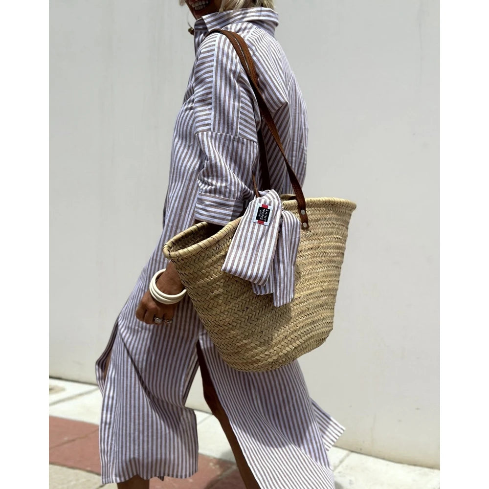 2025 Summer New Women's Stripe Lapel Half Sleeve Shirt Dress Turn-down Collar Button Front Midi Dress With Belt