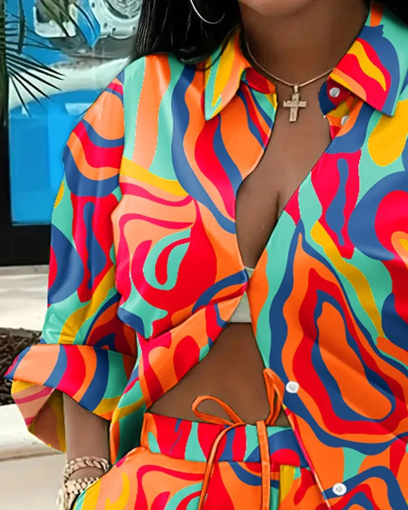 Casual Geometric Print Shirt Shorts Two Piece Set for Women