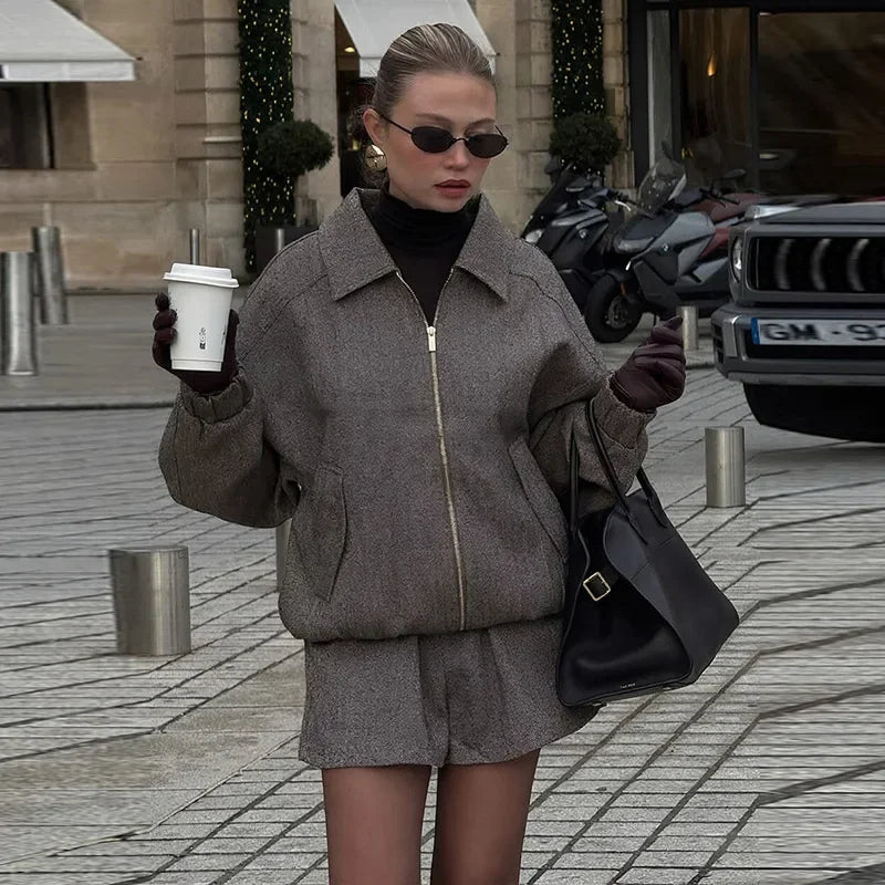 Zipper Front Lapel Jacket And Shorts Set + For Women
