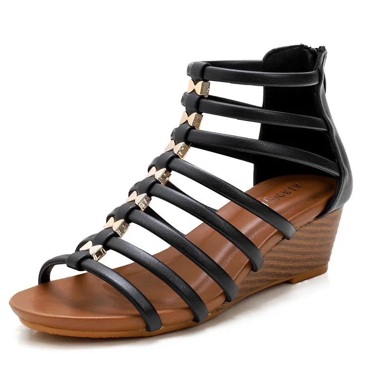 Vintage Hollow Roman Wedge Sandals Round Toe For Women