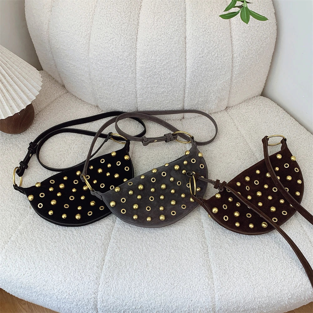 Faux Suede Rivet Half Moon Shoulder Bag for Women