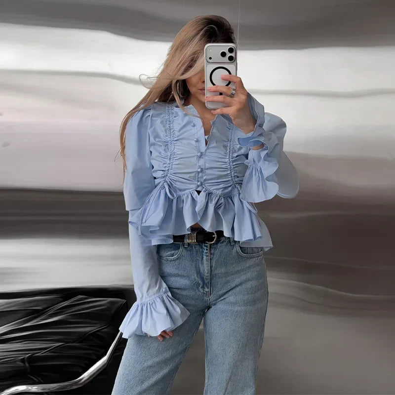 Chic Solid Ruffle Pleated Puff Sleeve Shirt for Women