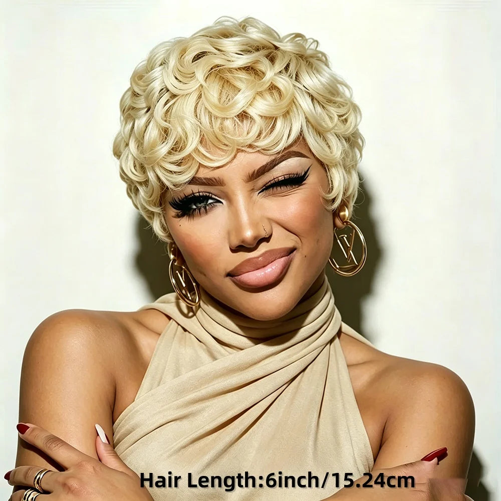 Soft Layered Pixie Cut Bob With Bangs Human Hair Wig For Women