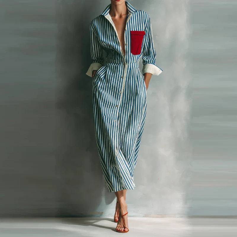 Casual Long Sleeve Stripe Print Dresses Fashion Turn Down Collar Pocket Shirt Dress Women Elegant Button Hight Waist Long Dress