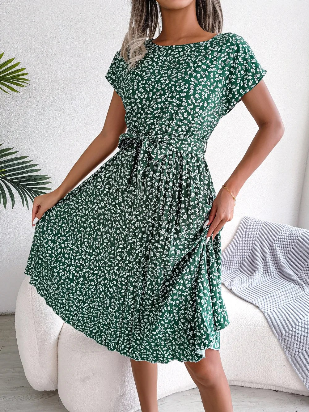 Chic Casual Pleated Short Sleeve Midi Dress for Women