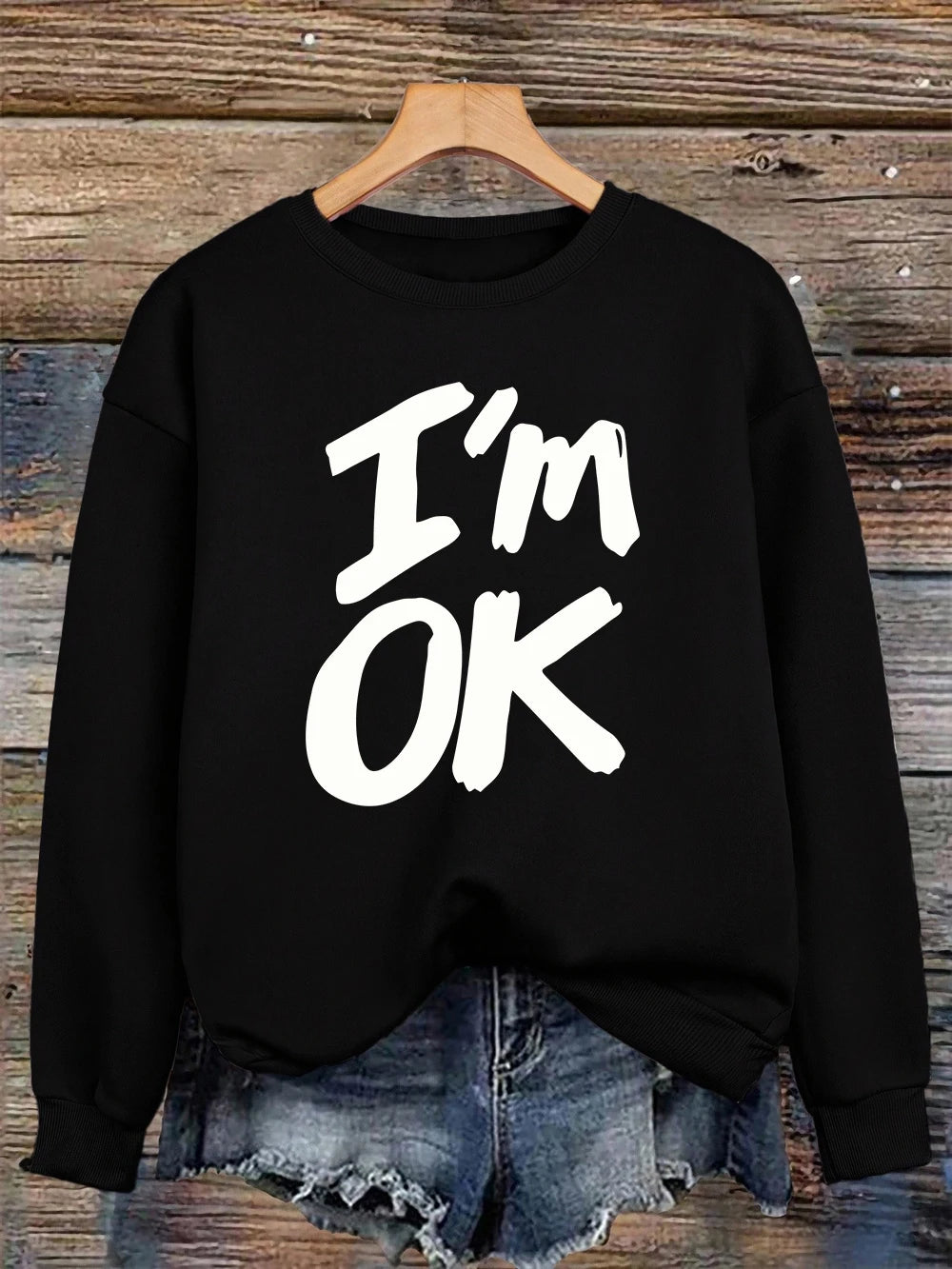 I'M Okay Letter Printed Sweatshirts Womens Autumn Winter Casual Hoodie Fleece Warm Crewneck Pullovers Street Loose Woman Clothes