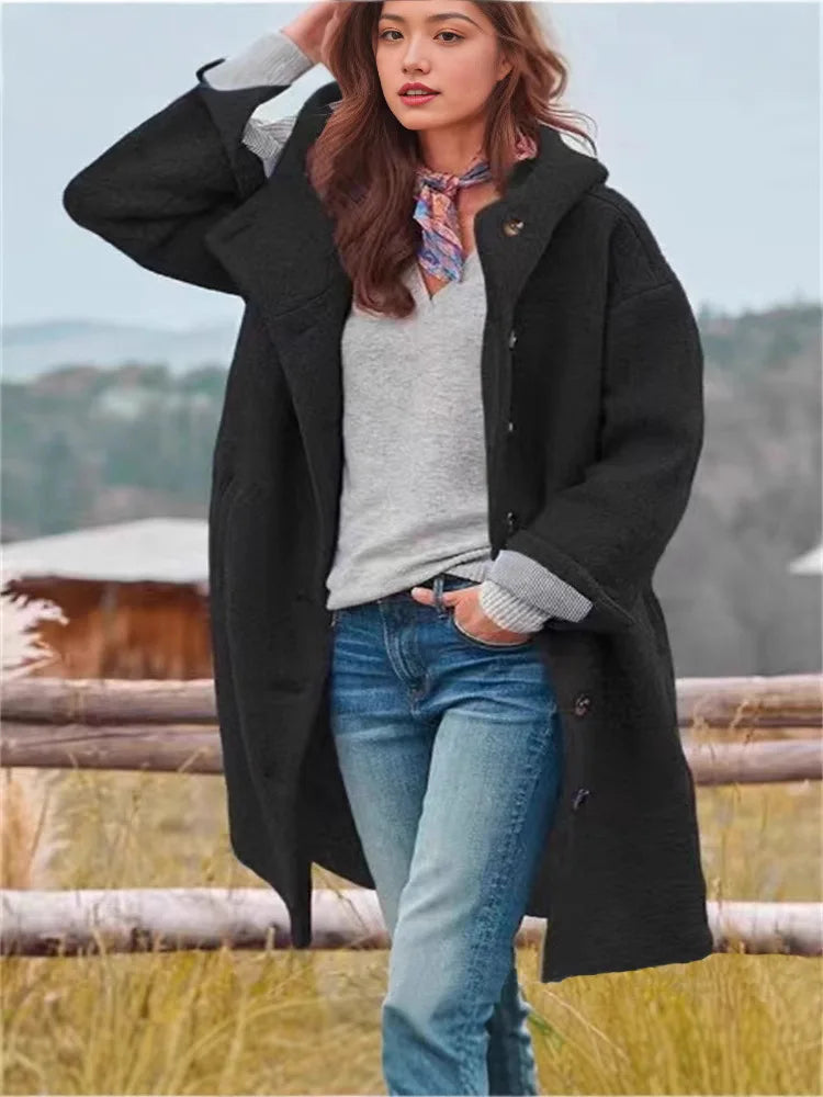 Oversized Hooded Casual Solid Color Wool Blend Coat for Women