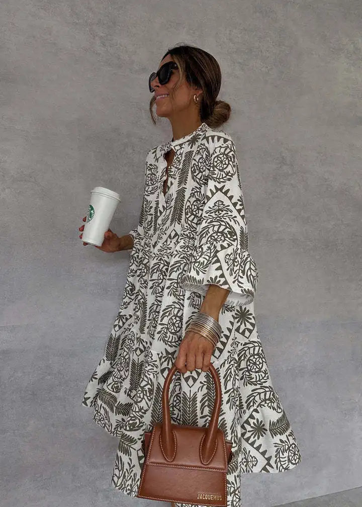 Casual Bohemian Print With V Neck Slit Dresses for Women