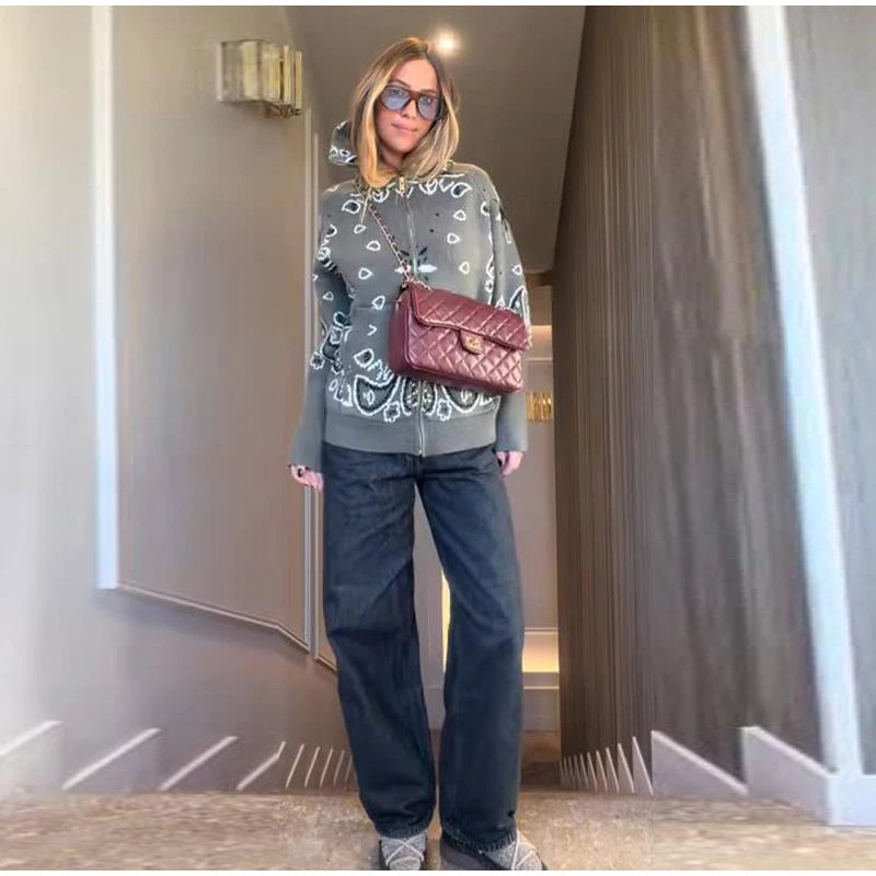 Gray Jacquard Knit Loose Cardigan Long Sleeve Casual for Women