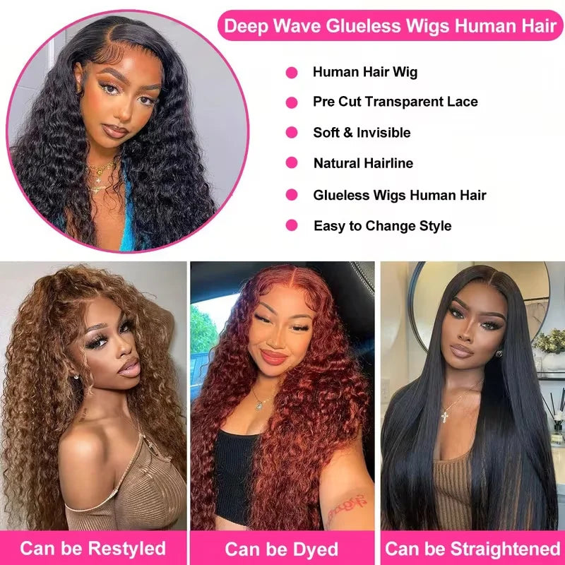 Glueless Deep Wave Pre Plucked Transparent Lace Front Wig for Women