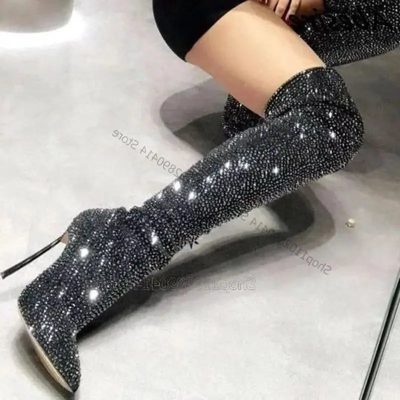Black Rhinestone Pointed Toe Heeled Boots For Women