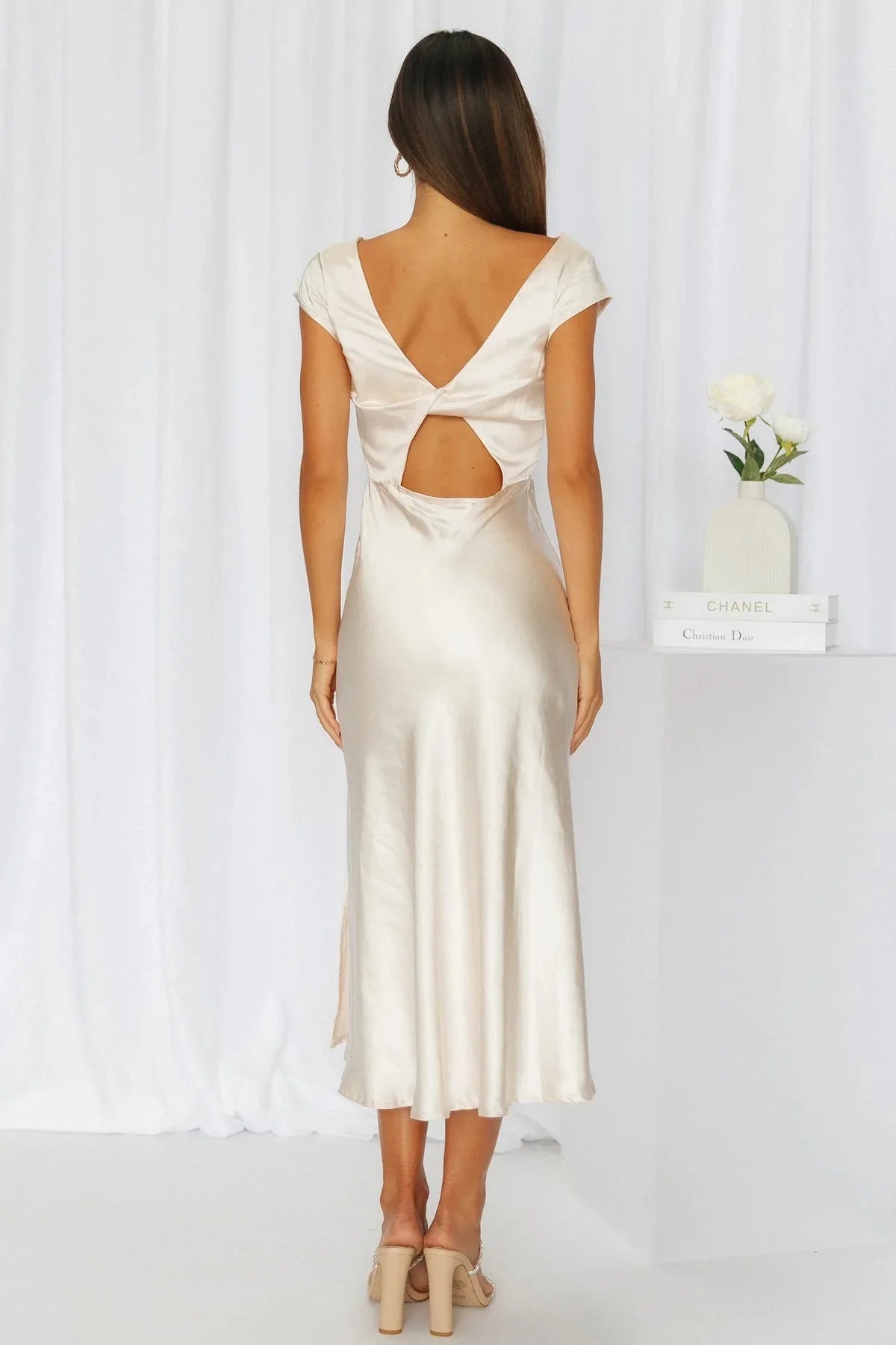 Elegant Solid Color Satin Slim Backless Slit Dress for Women