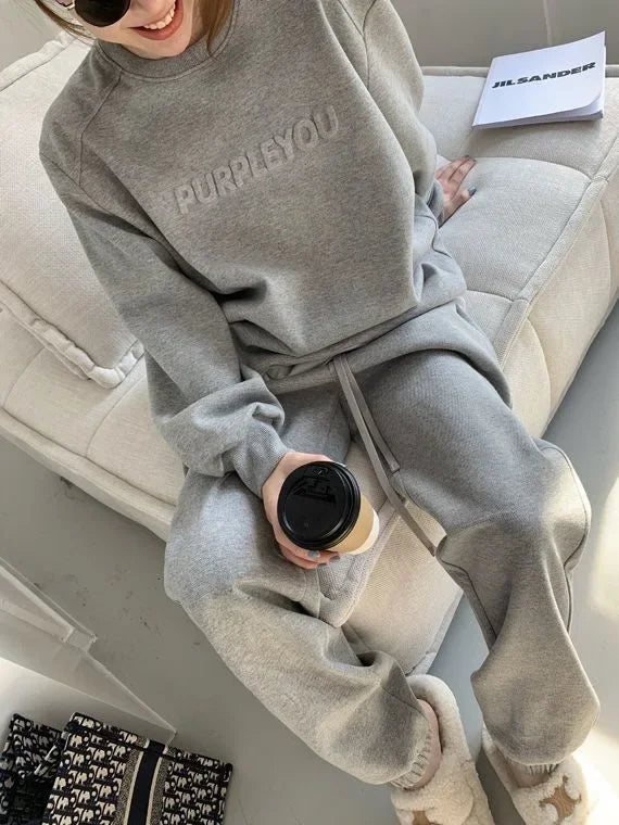 Thick Tracksuit Women Two Pieces Set Sweatshirts Pullover Hoodies Pockets Pants Suit Trousers Sports Matching Sets Autumn Spring