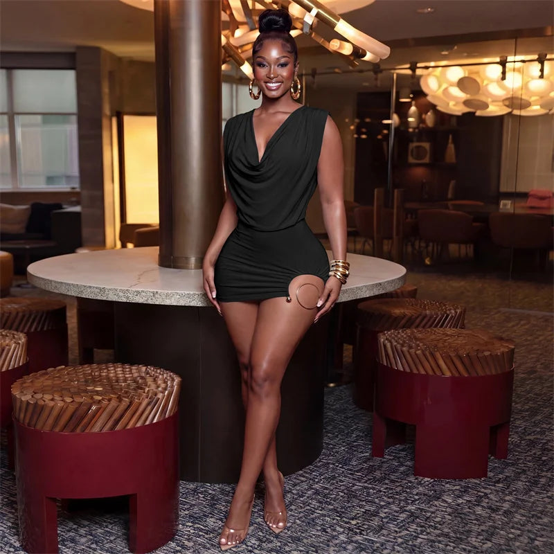 Sexy Deep V-Neck Backless Ruched Mini Dress for Women