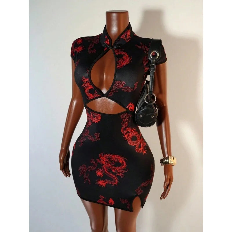 Cheongsam Style Dragon Print Cutout Dress for Women