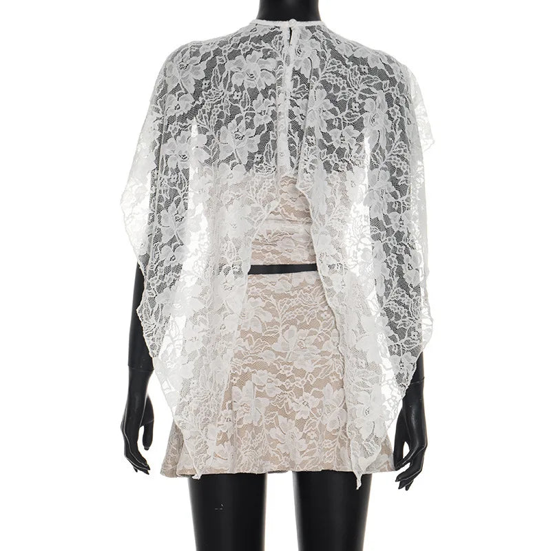 Elegant Lace Embroidery Shawl Strapless Top and Mini Skirt Set for Women