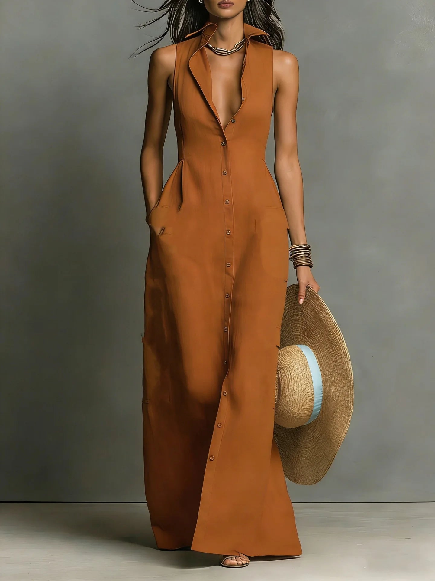 Elegant Deep V Neck Button Pocket Maxi Dress for Women